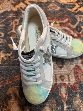 Vintage Havana Dixie White Silver Star Blue Fluffy Toe Lace Up Sneakers size 11